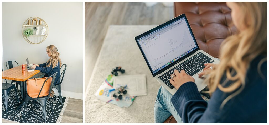 Overhead shot of a woman working on a laptop with spreadsheets open, surrounded by notebooks and glasses, capturing a cozy work-from-home brand aesthetic.