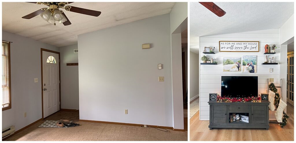 Before and after living room remodel featuring updated shiplap accent wall and cozy Christmas decor in Zoe Evans’ renovated home, shared in her 2025 end-of-year personal letter.