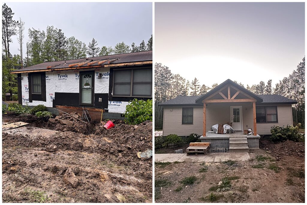 Side-by-side before and after photo of a home exterior renovation showing Zoe’s major 2025 house transformation, as shared in her year-end blog letter.