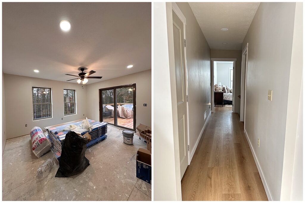 In-progress living room with dog and open layout – Zoe Evans shares the messy middle of home renovation. Bright hallway renovation with wood floors – behind-the-scenes look at Zoe Evans’ personal space.