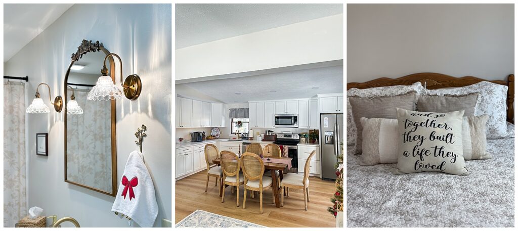 Warm and festive kitchen scene with natural light and Christmas tree – Zoe Evans opens up her home and heart. Modern farmhouse kitchen with dining table and holiday charm – behind-the-scenes with Zoe Evans Photography.