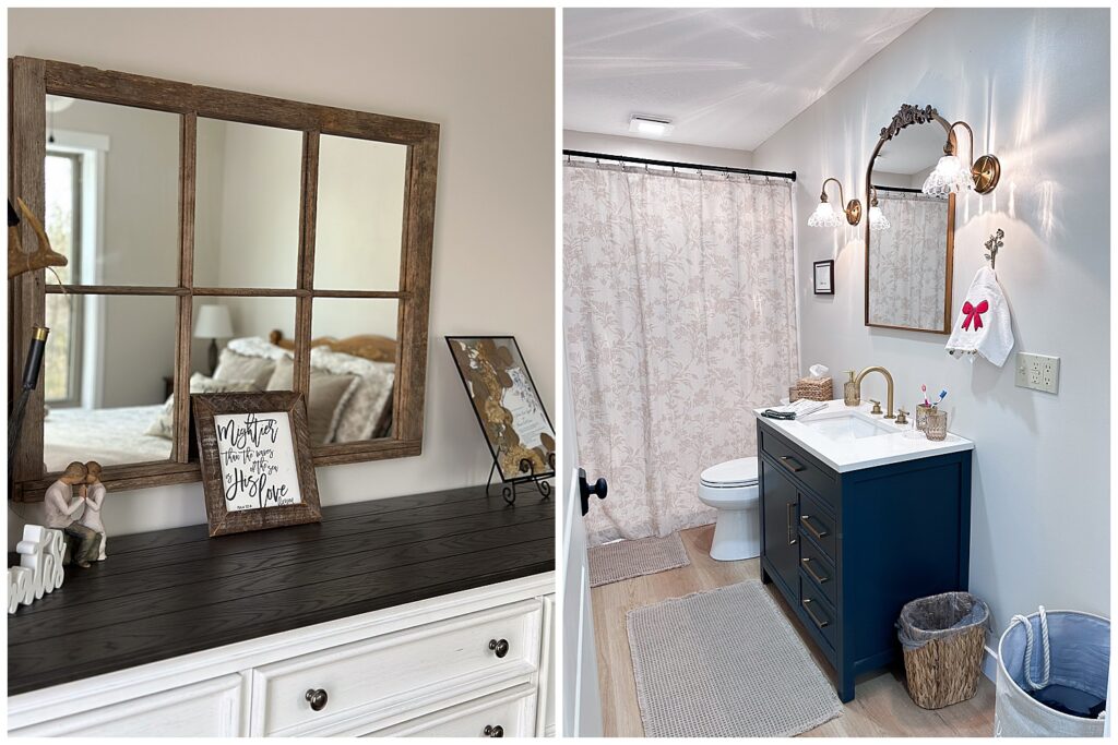 Before-and-after view of a renovated bathroom vanity – real life renovation project by Zoe Evans Photography. Bathroom makeover featuring navy blue vanity and gold accents – peek inside Zoe Evans’ renovated home.