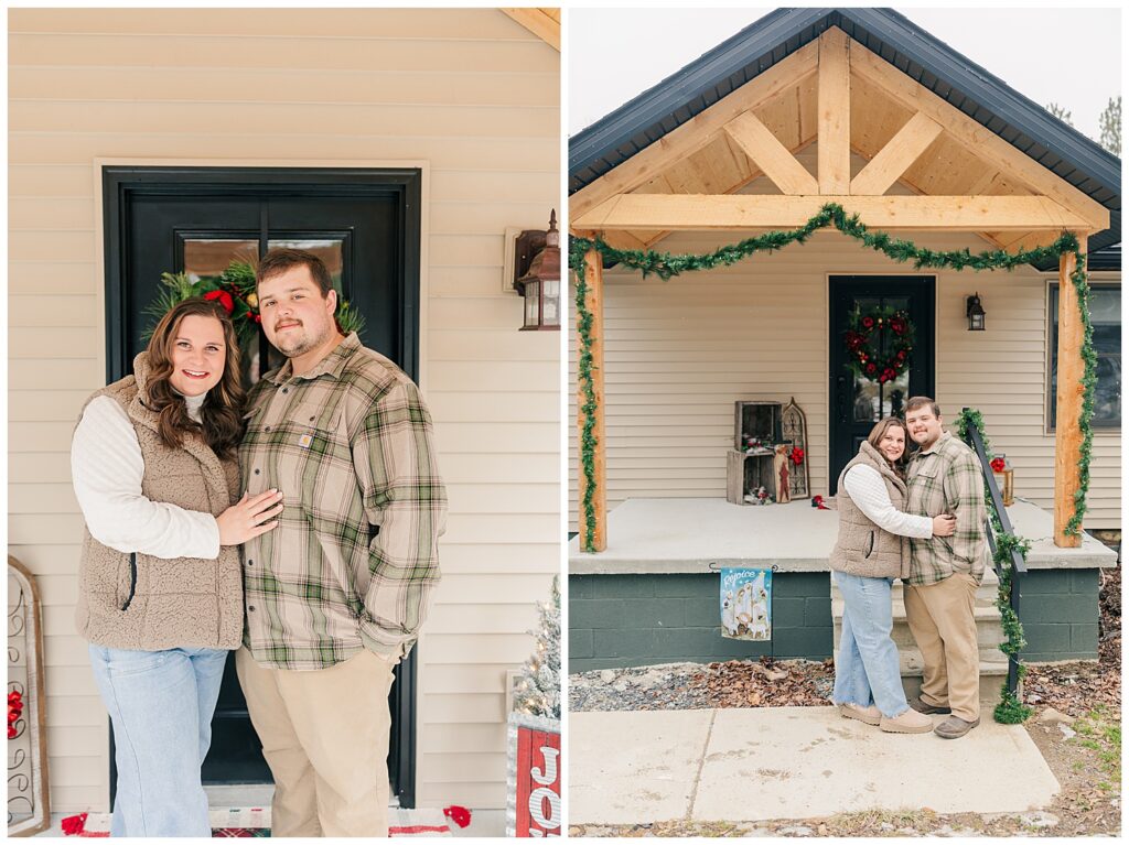Zoe and Thomas smiling on their front porch during home renovation season – Zoe Evans shares real life moments beyond the lens. Cozy renovated cabin porch with Christmas garland – glimpse into Zoe Evans’ real-life home makeover.