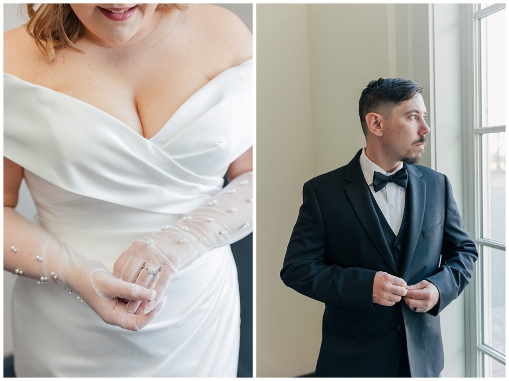Close-up of bride’s gown and sheer gloves as she holds her bouquet. Groom buttoning his tuxedo jacket while looking out the window.