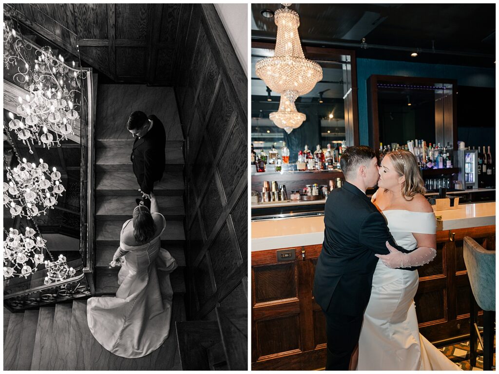 Bride walking up a staircase toward her groom in a dramatic black-and-white shot. Bride and groom sharing a romantic moment at the bar beneath a crystal chandelier.