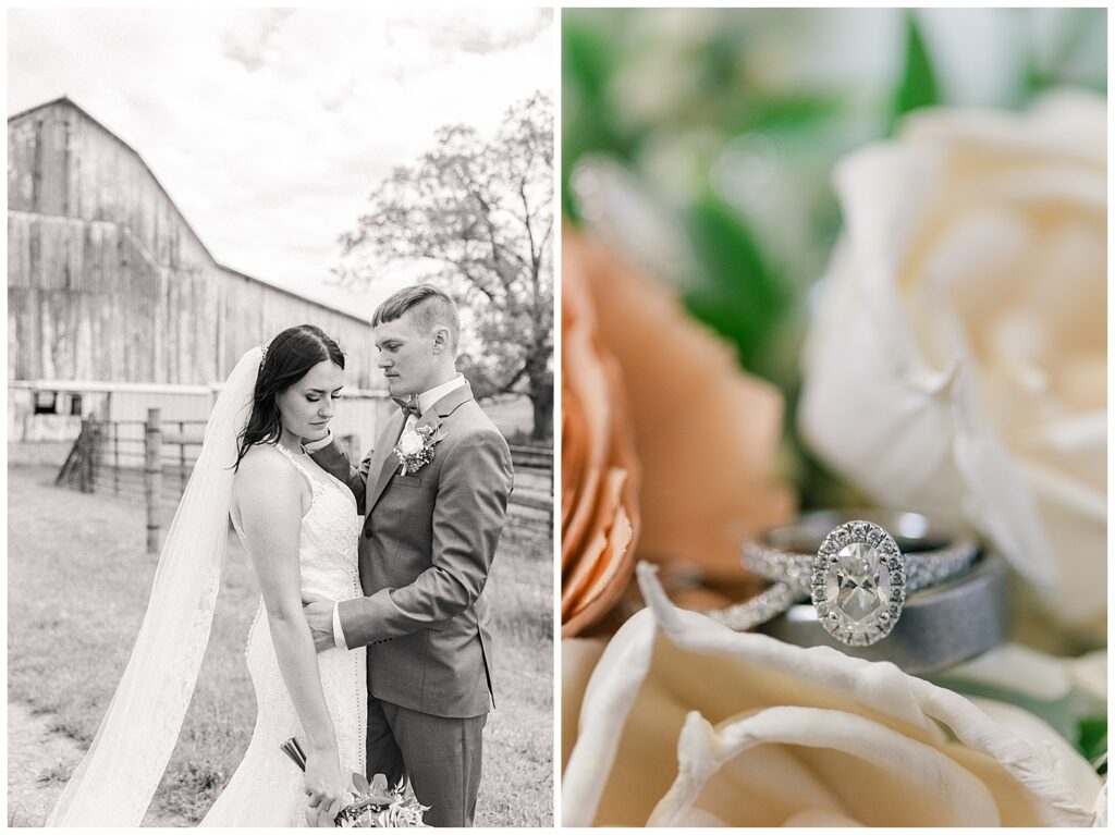 Bride and groom sharing a tender moment outside a weathered wooden barn, with flowing veil details.