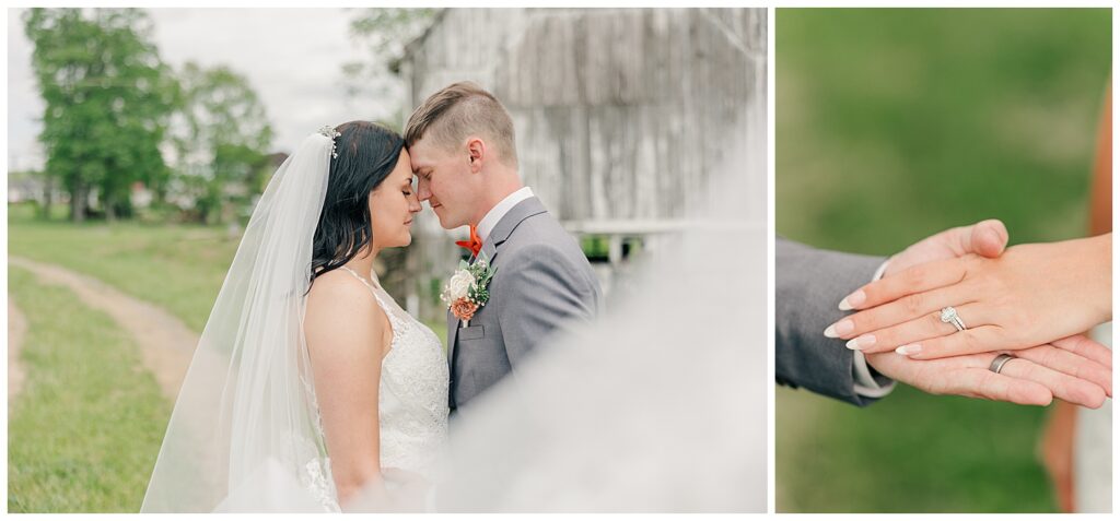 Romantic close-up of bride and groom touching foreheads in front of a rustic barn.
