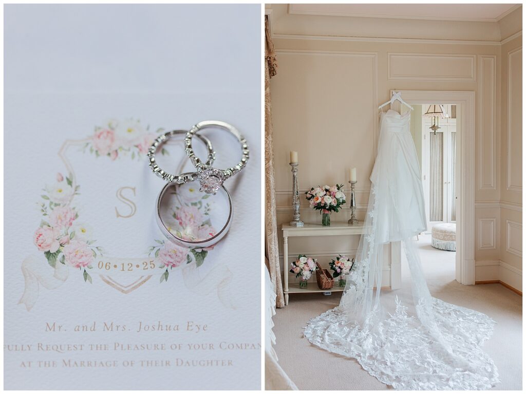 Flat lay of wedding invitation suite and rings with soft floral details, paired with a shot of the wedding dress and veil displayed in a Great Marsh Estate bridal suite. Romantic room at Great Marsh Estate with a lace-trimmed wedding gown draped across a chaise lounge and floral bouquet in the background.