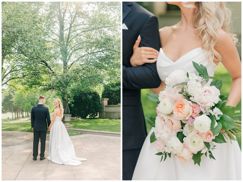 Split image showing the bride holding a blush and ivory bouquet and walking hand in hand with the groom beneath a lush tree.