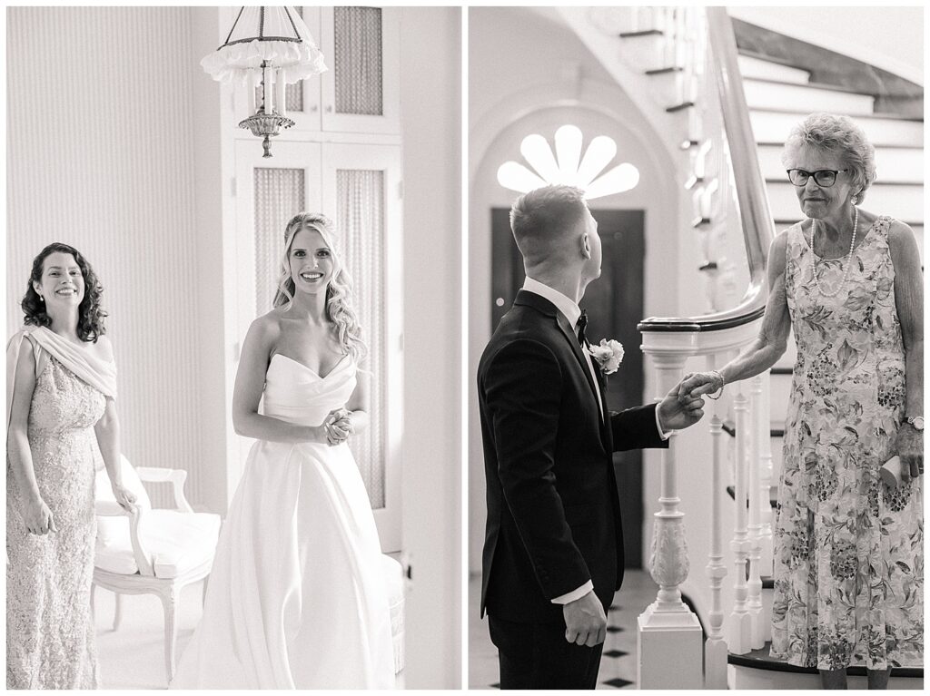 Bride and groom sharing a private moment on the grand staircase of a historic estate.