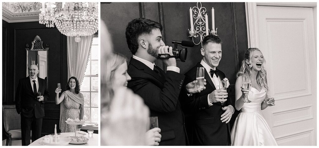 Groom and groomsmen laughing and celebrating with drinks at the wedding reception.