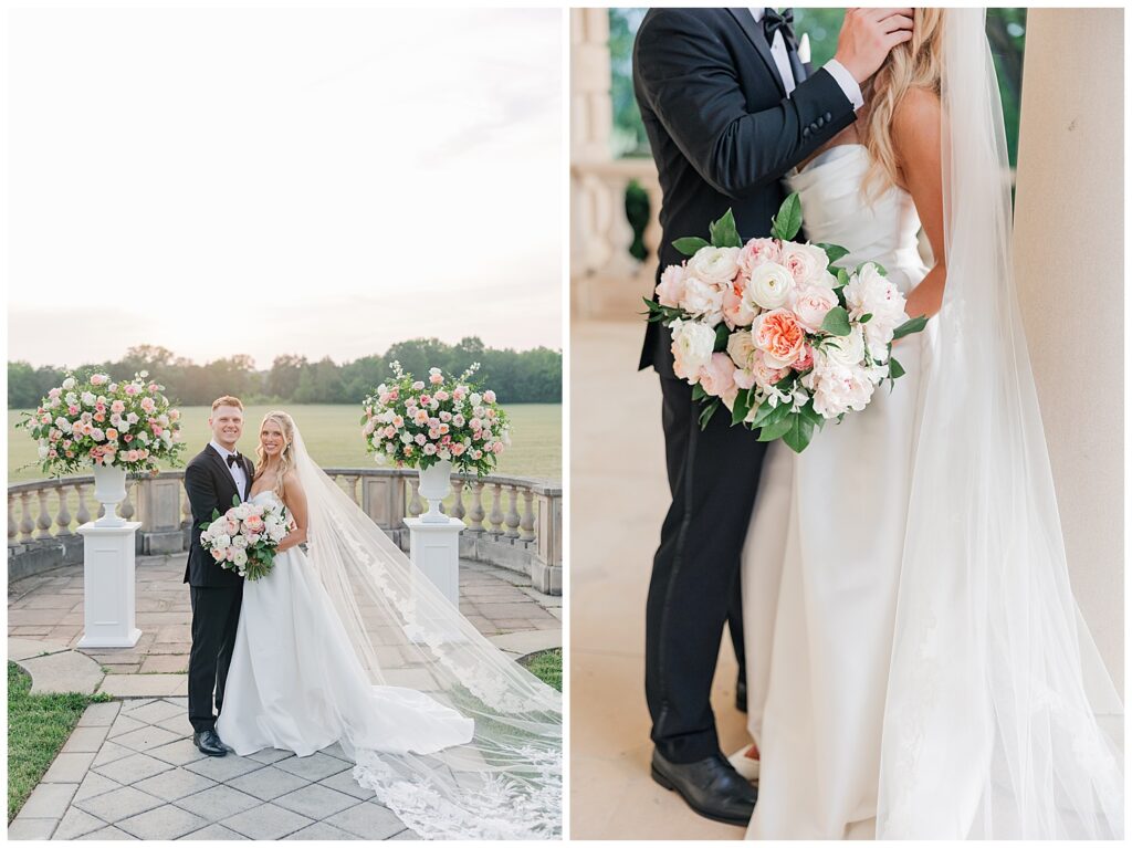 Close-up of bride and groom embracing, featuring a romantic bouquet with peach and blush flowers.