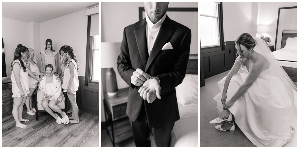 Groom adjusting his cufflinks while getting ready for his wedding day in a Hotel Morgan suite.