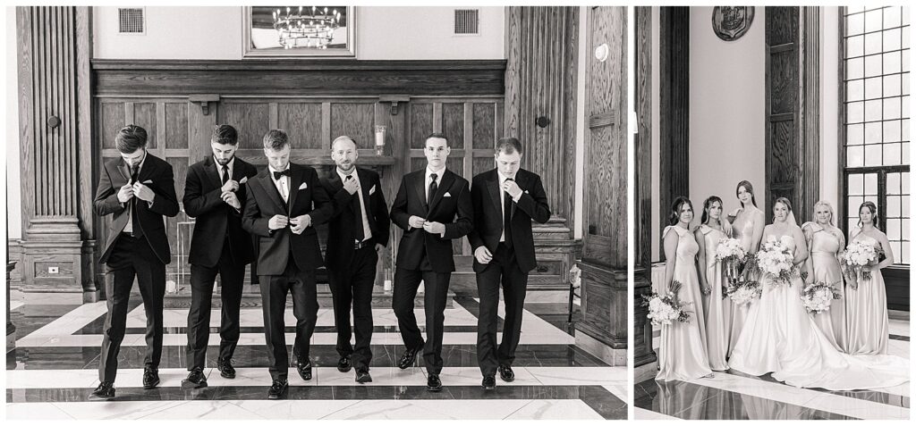 Groom and groomsmen walking down the marble hallway inside Hotel Morgan in black tuxedos.