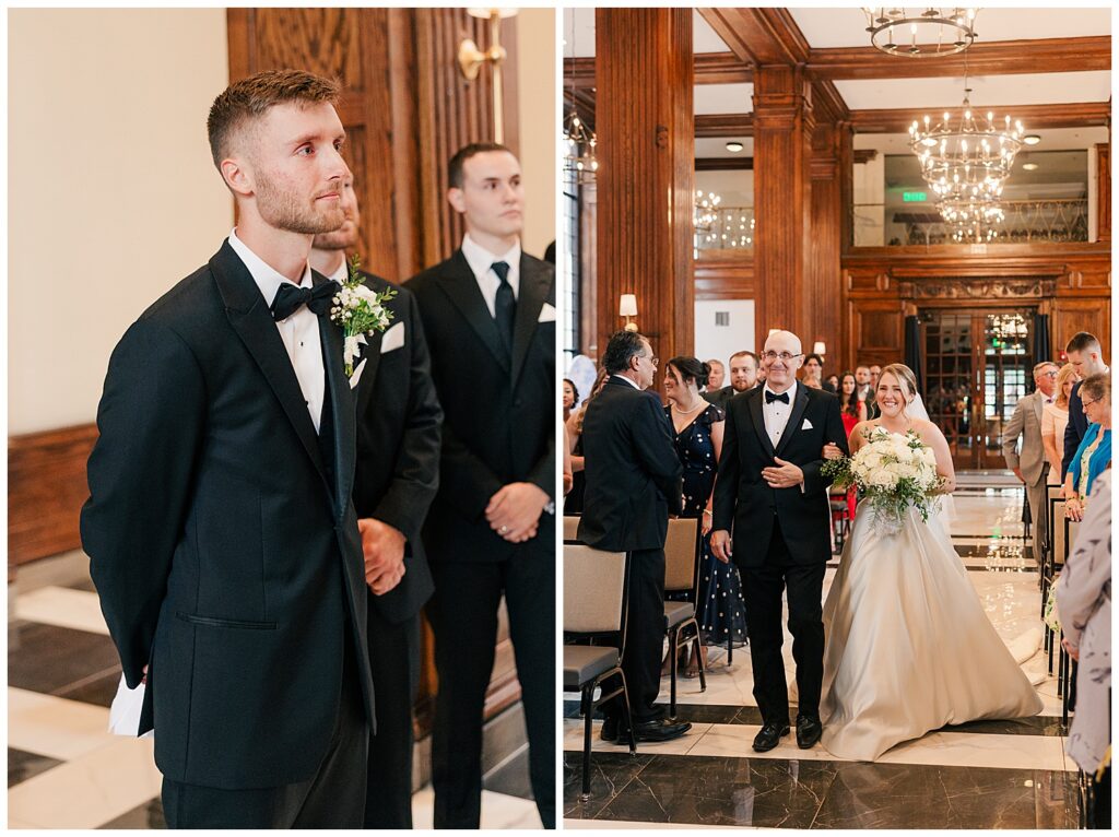 Bride holding bouquet while sitting on the back of a vintage white getaway car in front of Hotel Morgan. Groom waiting at the end of the aisle as the bride walks down during the wedding ceremony at Hotel Morgan.
