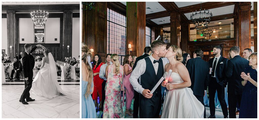 Romantic moment of the bride and groom kissing on the staircase at Hotel Morgan with chandelier reflections below.