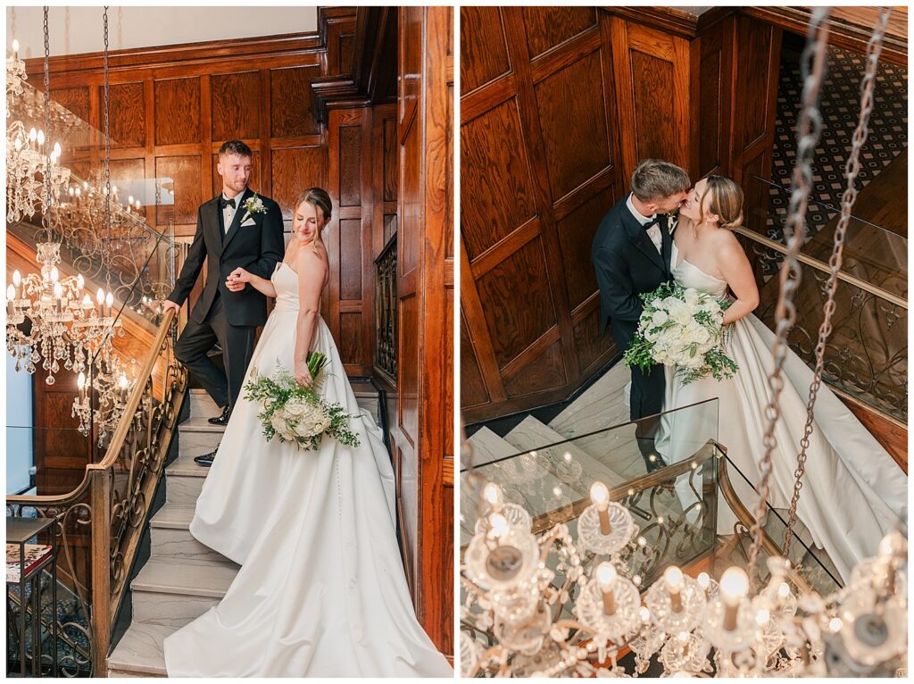 Bride and groom posing on grand staircase at Hotel Morgan, showcasing the bride's satin gown and elegant bouquet.