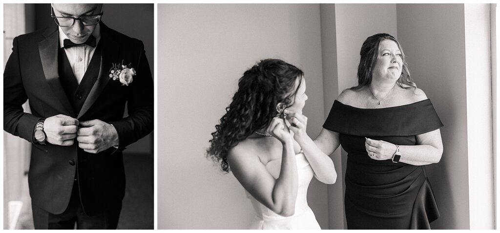 Bride with curly hair adjusting her dress while getting ready on her wedding day in Morgantown, WV