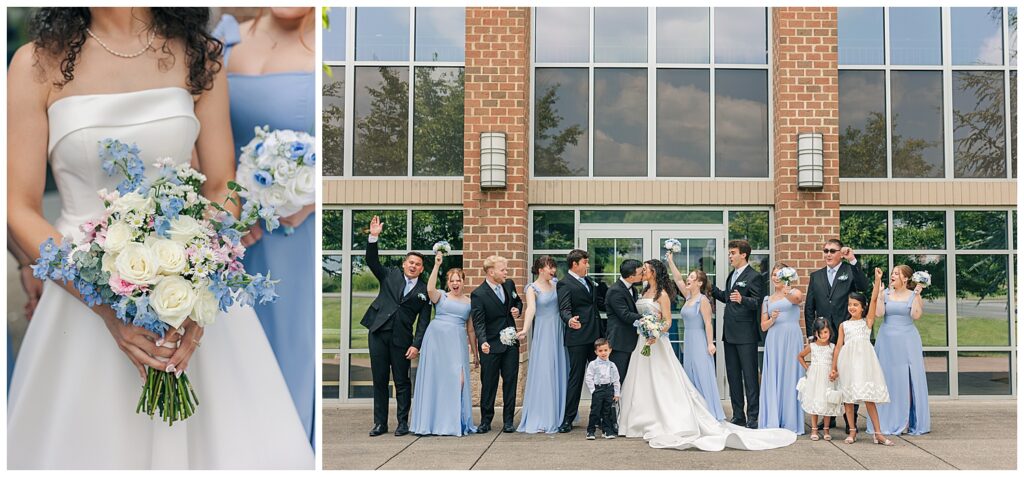 Full wedding party celebrating and cheering outside a brick church in Morgantown, West Virginia