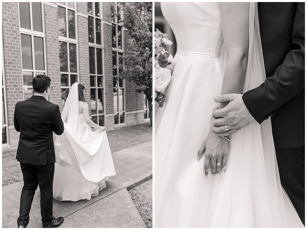 Bride and groom walking hand-in-hand outside a church in Morgantown, West Virginia after their wedding ceremony