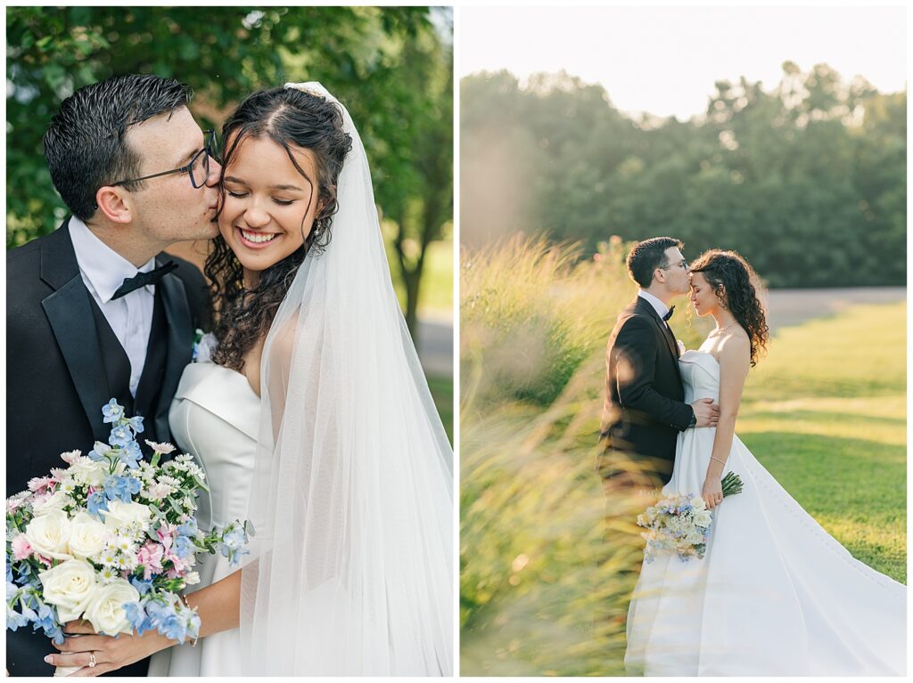 Joyful bride smiling as groom kisses her cheek during golden hour portraits on their wedding day in West Virginia
