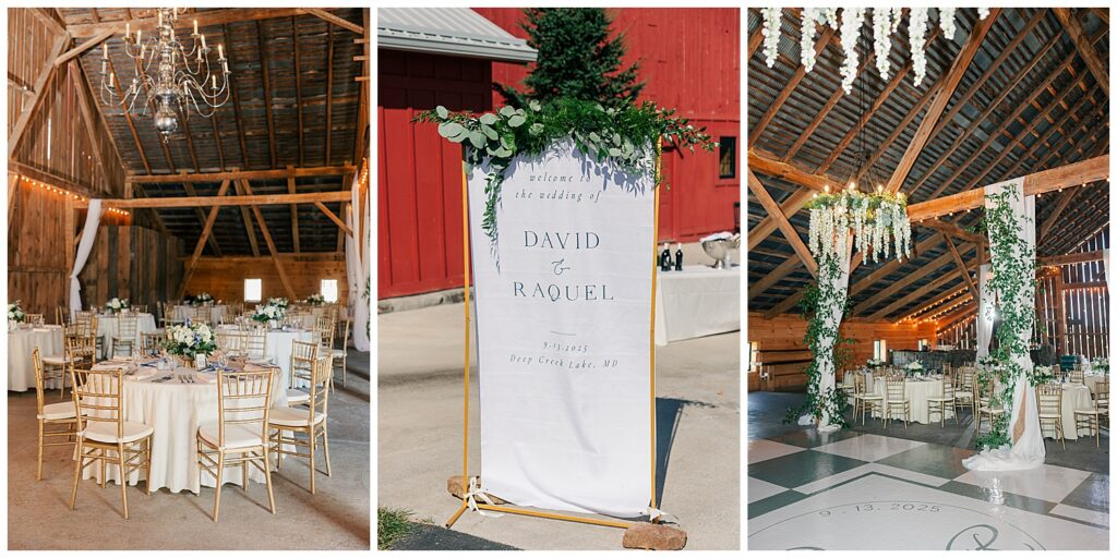 Personalized welcome banner for David and Raquel’s wedding at the Red Barn Inn, styled with greenery