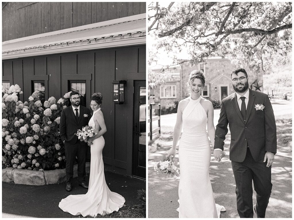 Newlyweds walking hand in hand down a tree-lined path during their barn wedding day