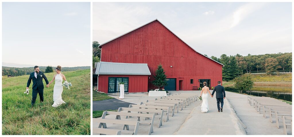 Bride walking along the outdoor ceremony aisle with the Red Barn Inn in the background