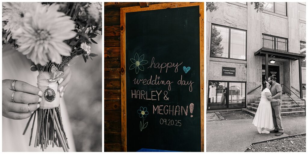Detail shot of memorial charm on bridal bouquet, custom wedding sign for Harley & Meghan’s special day, and black-and-white portrait of the newlyweds outside a lodge in Hocking Hills, Ohio