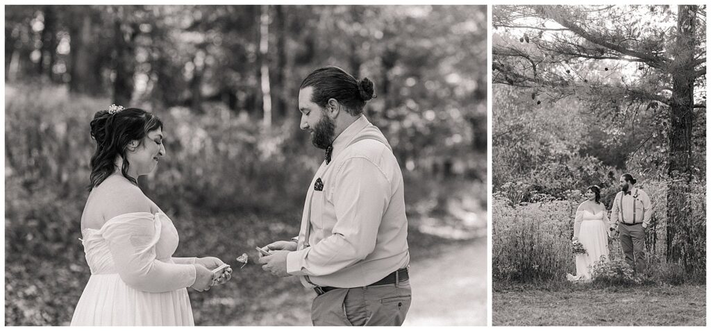 Groom holds back tears during emotional first touch moment with bride outside a rustic Hocking Hills cabin before their intimate Ohio wedding ceremony