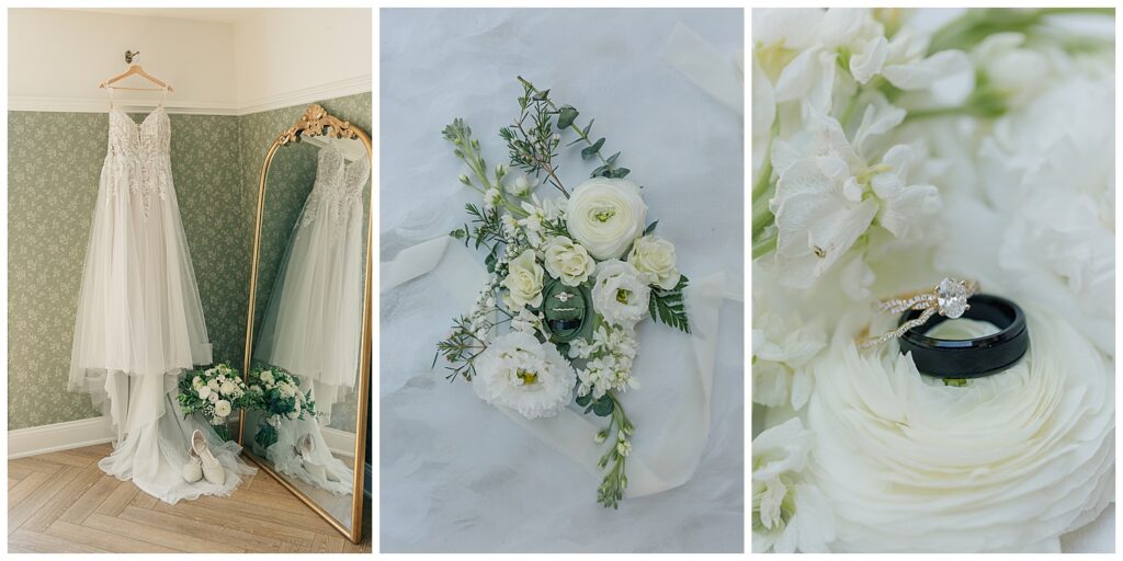 Elegant bridal bouquet with white florals and greenery styled on sheer fabric for fall wedding inspiration.