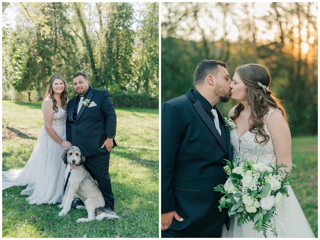 Fall wedding portrait of bride and groom with their dog on the lawn of Ellis House wedding venue. Romantic golden hour kiss between bride and groom with white florals at Ellis House.