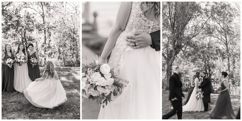 Black and white close-up of bride holding bouquet and groom’s hand, timeless wedding day detail shot.