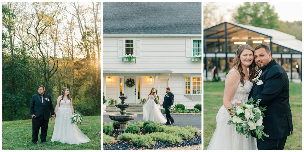 Bride and groom walking out of Ellis House wedding venue during golden hour, captured in candid joy.