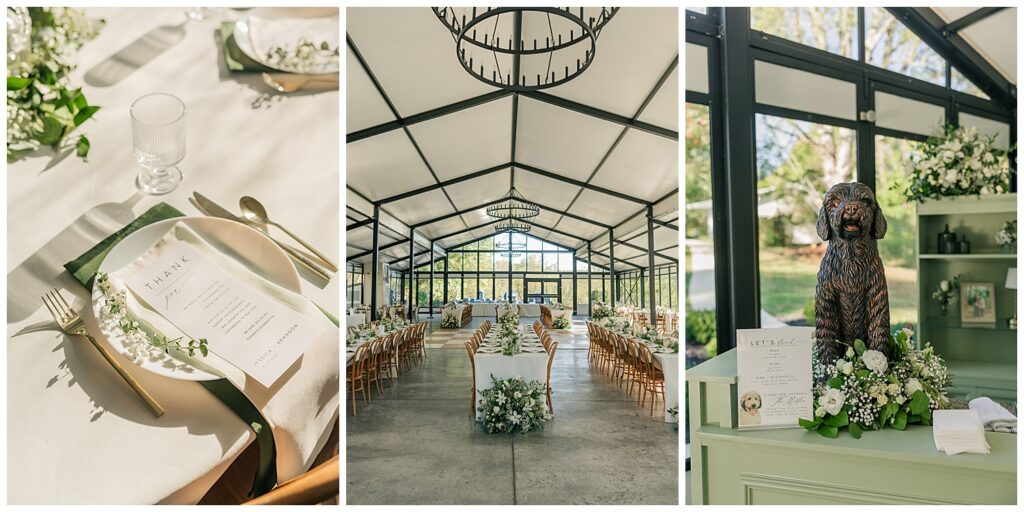 Elegant fall wedding reception table with gold cutlery and white linen at Ellis House wedding venue. Romantic indoor wedding ceremony setup at Ellis House venue with black beams and natural light.
