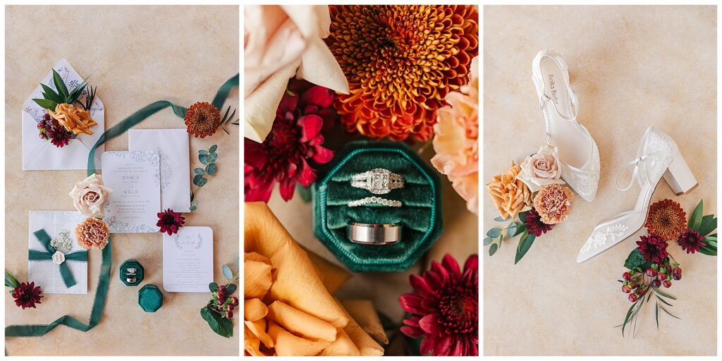 Autumn-inspired wedding flatlay featuring bridal rings in a velvet box surrounded by rich fall florals and mustard silk ribbon, styled by The Flower Daddy.