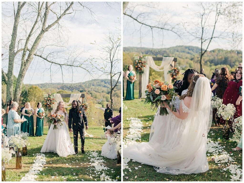 Outdoor fall wedding ceremony at Palomino Pastures with petals lining the aisle and lush floral decor by The Flower Daddy.