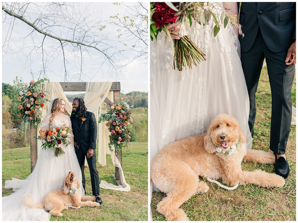 Bride, groom, and their dog posing in front of a fall floral wedding arbor by The Flower Daddy at Palomino Pastures venue.