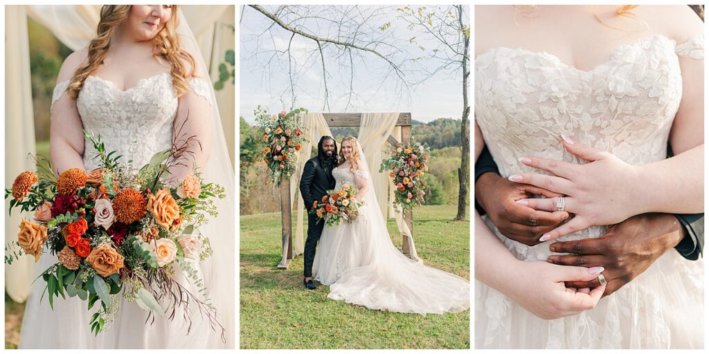 Romantic wedding photo of bride and groom with veil blowing in foreground at Palomino Pastures, surrounded by vibrant fall colors.