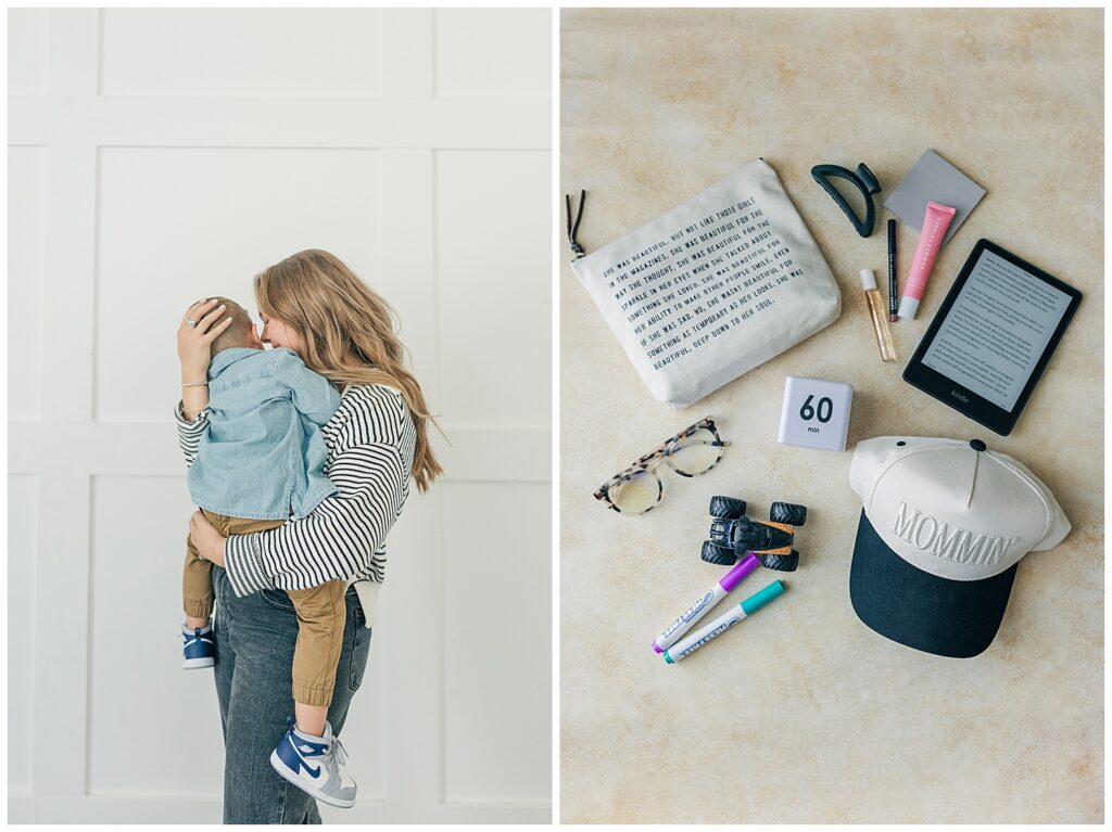 Flat lay of Liz’s personal and professional essentials—planner, highlighters, hat, and glasses—styled to show the tools of a modern virtual assistant.