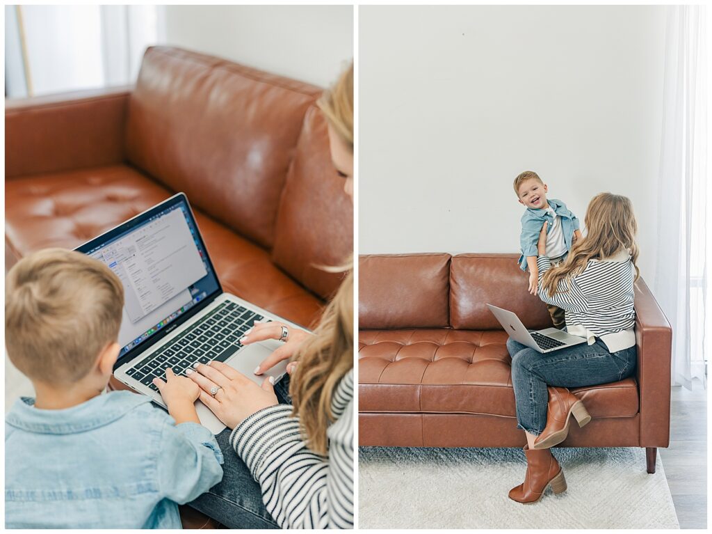 Over-the-shoulder view of Liz working on her laptop with her son beside her, highlighting real-life multitasking as a work-from-home mom.