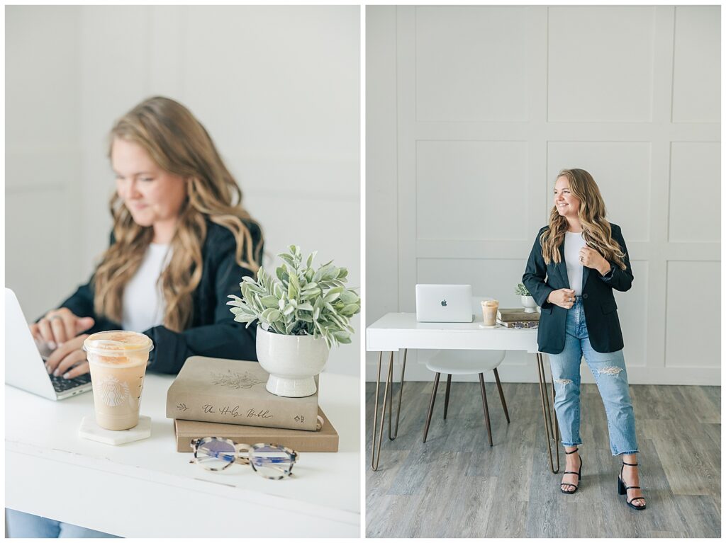 Liz smiles confidently in front of her desk setup, blending personality and professionalism in her branding photography.