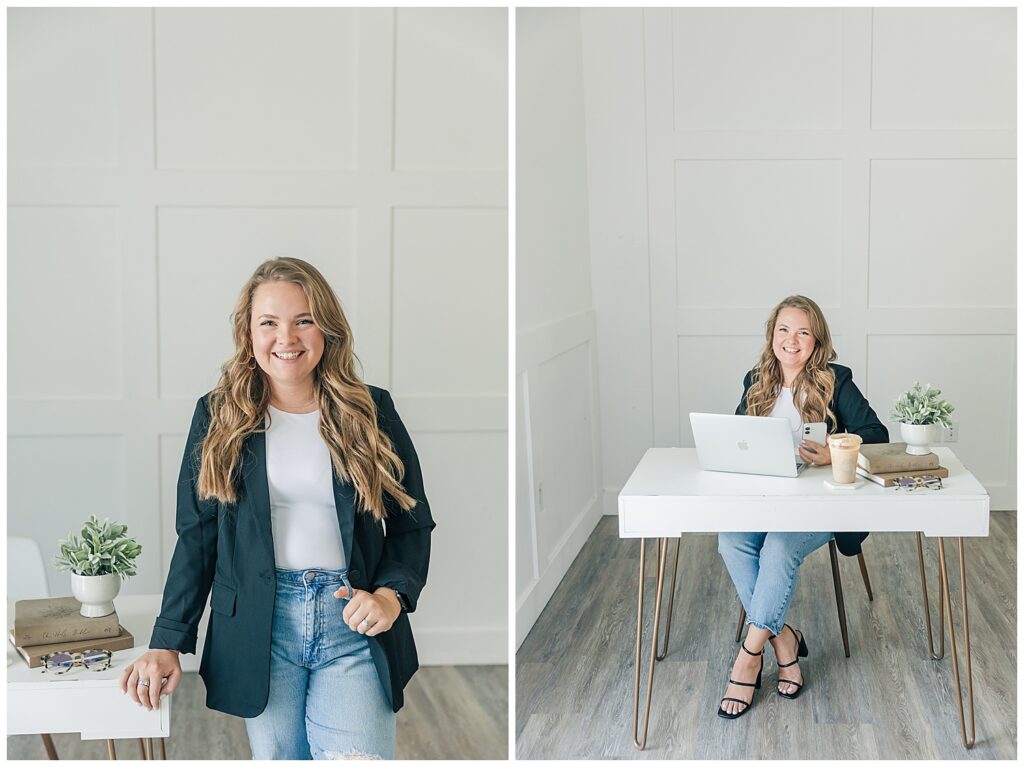 Candid walking shot of Liz wearing a cozy hat and blazer, giving a behind-the-scenes feel for her work-from-anywhere lifestyle.