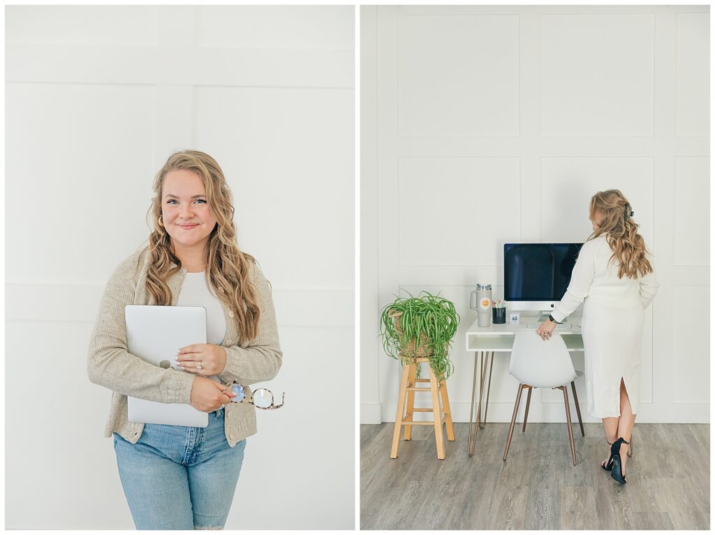 Virtual assistant Liz Agnellini stands confidently holding her laptop in a white studio, ready to tackle the workweek with strategy and style.