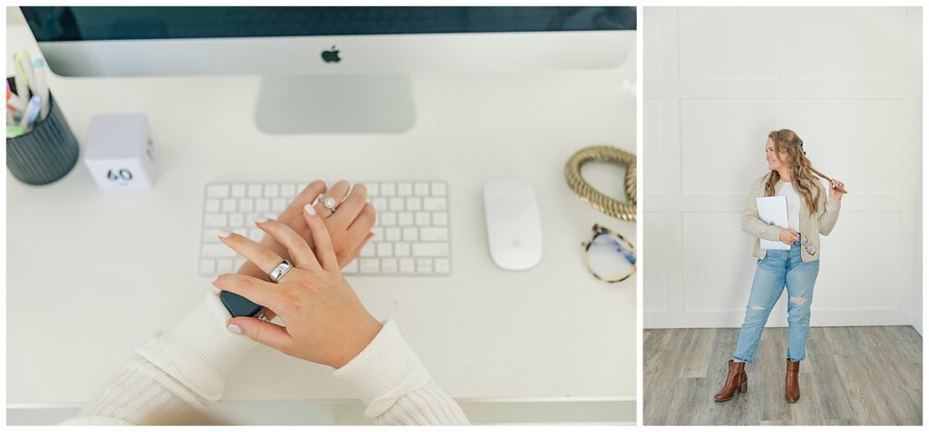 Laptop with Liz Agnellini’s virtual assistant brand logo on the screen, paired with an Olipop can and phone to show modern tech and branding.