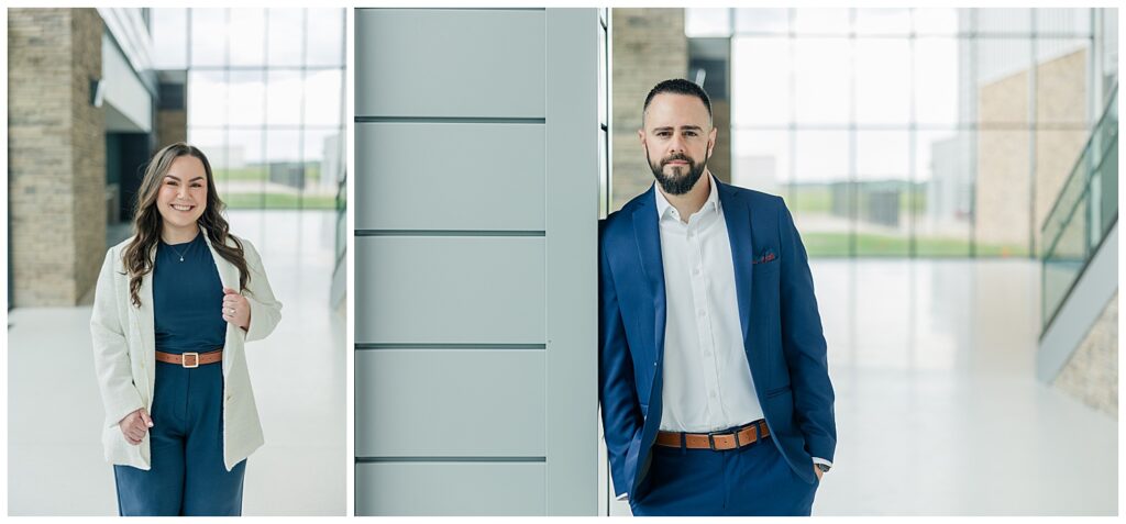 Modern professional headshot of a male entrepreneur in a navy blue suit, styled for a brand session to reflect leadership and confidence in a clean, bright setting.