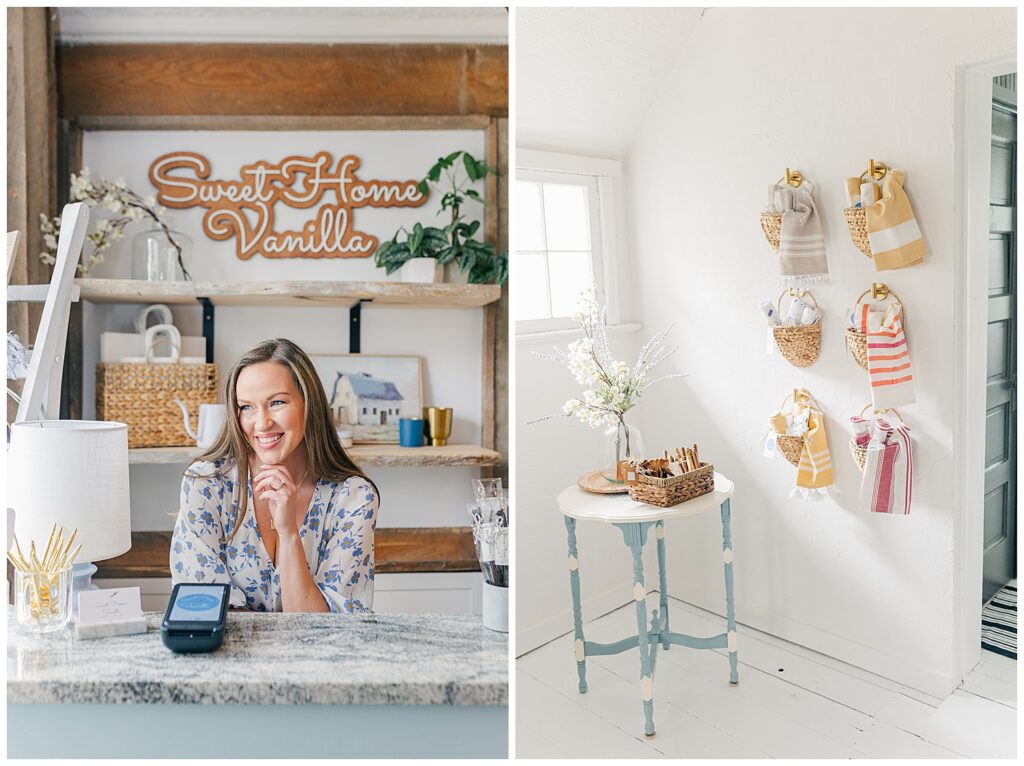 Small business owner behind a shop counter with branding elements, demonstrating how personality in photos builds trust and boosts conversions.
