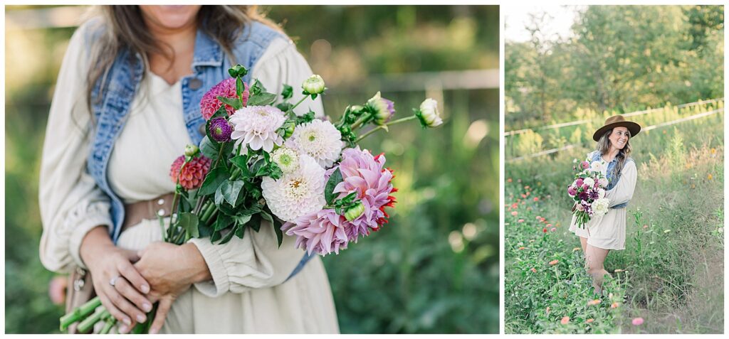 Close-up of a woman holding freshly cut dahlias, illustrating how brand photos should focus on details that resonate with your ideal audience.