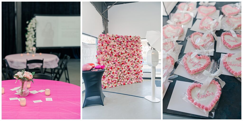 Pink floral photo booth backdrop setup at Galentine’s branding event for small business owners.