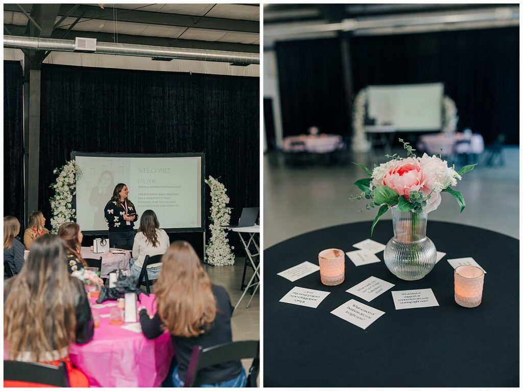 White floral heart installation used as a photo backdrop at a branding workshop for small business owners.